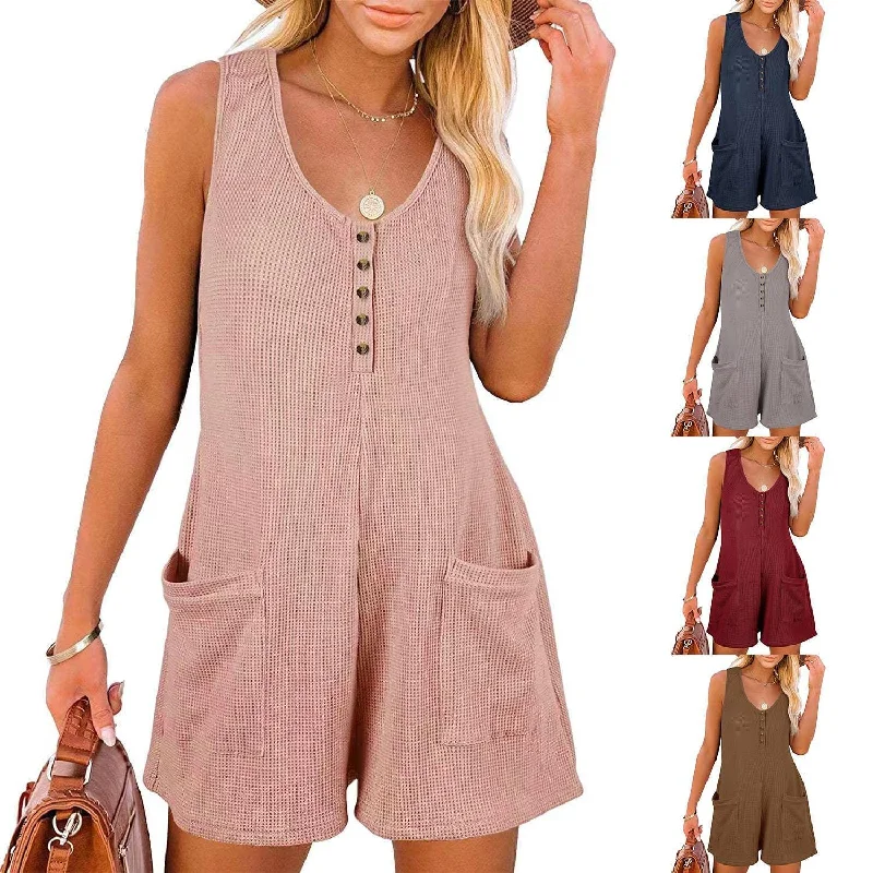 Waffle Two Shoulder Romper Sleeveless Jumpsuit SKJ23101 Deep V jumpsuit, Sexy, Night out, Trendy