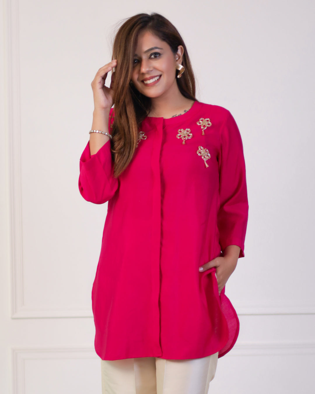 Cerise Pink Solid Embellished Shirt-- Chenille Blend Fleece Blend Nylon Blend