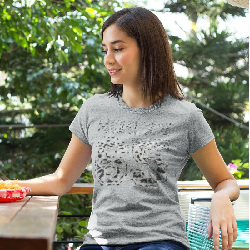65 MCMLXV Women's Snow Leopard Varsity Logo Graphic T-Shirt-- Chenille Blend Fleece Blend Nylon Blend
