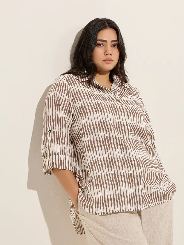 Gia Taupe Abstract Printed High-Low Shirt-- Chenille Fabric Brocade Fabric Lace Fabric
