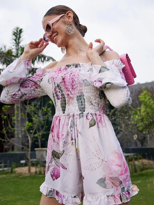 Women Printed Standard White Jumpsuits & Sets Printed jumpsuit, Bohemian style, Vibrant, Casual