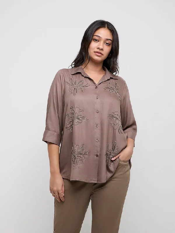 Gia Taupe Floral Embellished Shirt-- Zippered Front Buttoned Front Snap Front