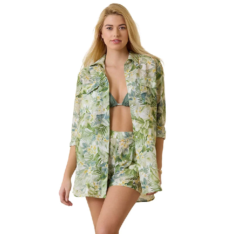 Tommy Bahama Paradise Fronds Pocket Boyfriend Shirt Cover Up - White-- Spandex Blend Rayon Blend Denim Blend