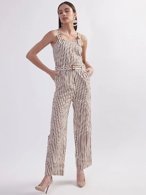 Elle Women Beige Striped Shoulder Straps Sleeveless Basic Jumpsuit Off-shoulder jumpsuit, Night out, Chic, Women’s fashion