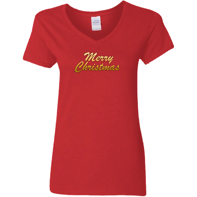 Merry Christmas Ladies V Neck Tee Shirt-- Front Pockets Side Pockets Patch Pockets
