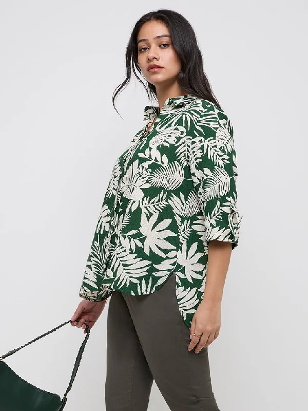 Gia Green Botanical Printed High-Low Shirt-- Spandex Blend Rayon Blend Denim Blend
