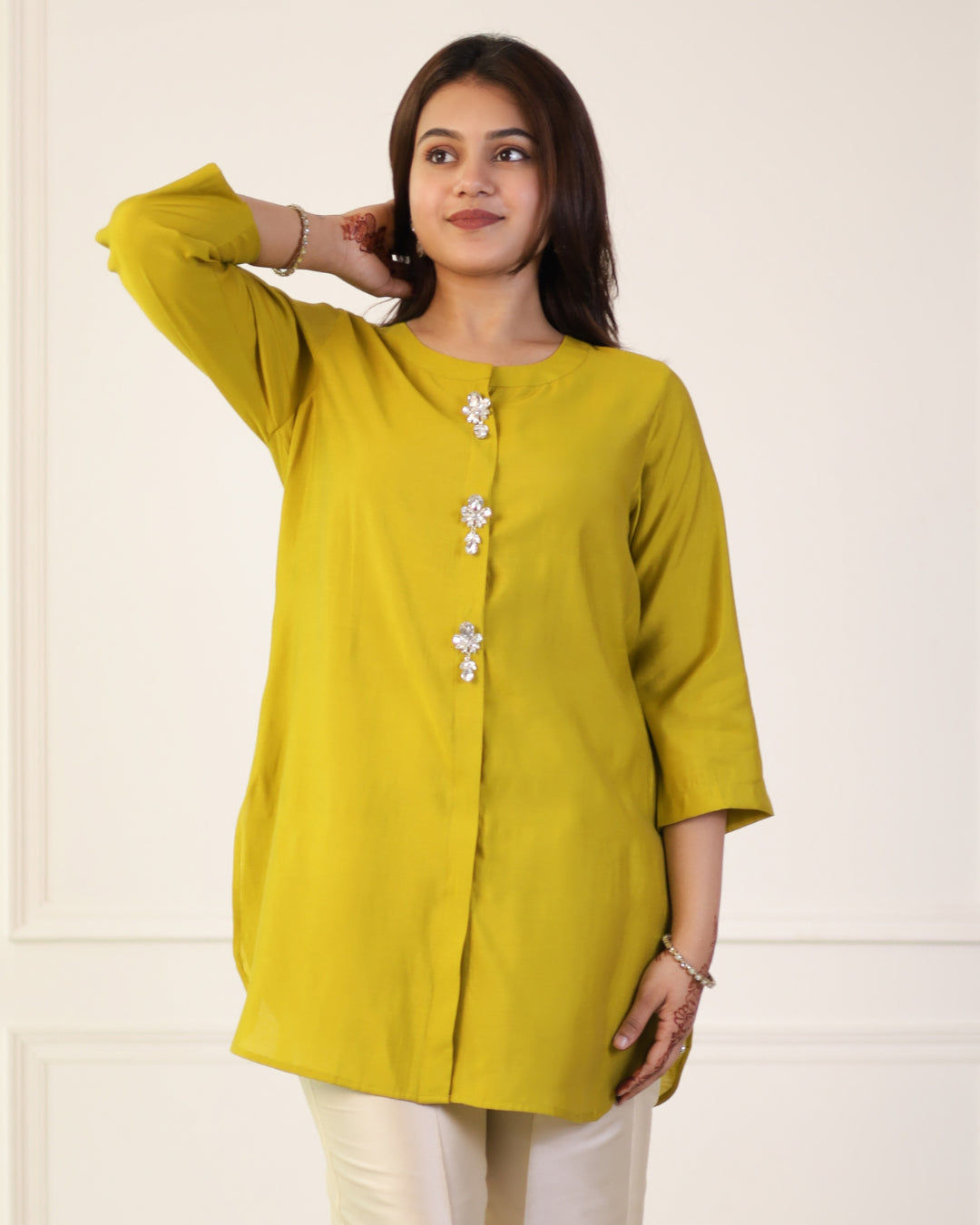 Sap Green Solid Embellished Shirt-- Cashmere Blend Cotton Blend Poly Blend