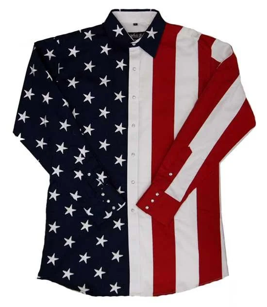 Women's Embroidered Western Shirt: White Horse Patriotic-- Satin Blend Silk Blend Wool Blend