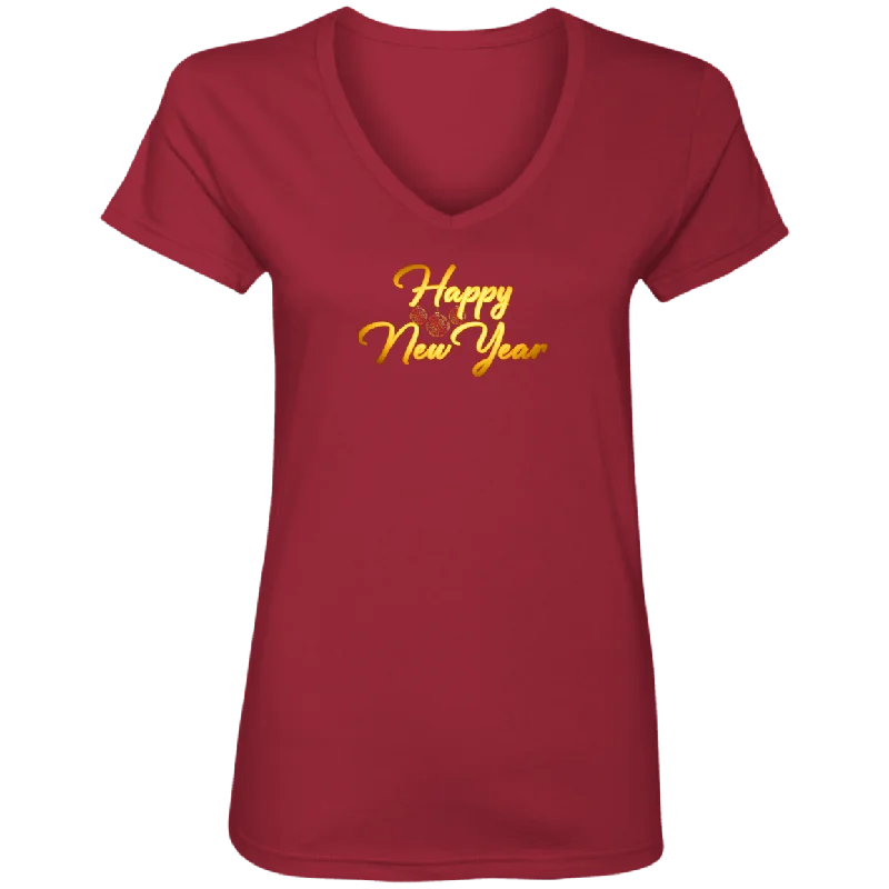 Happy New Year Ladies V Neck Tee Shirt-- Boxy Fit Fitted Loose