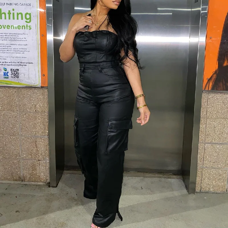 Off-the-shoulder tube top tight waist PU leather jumpsuit(CL12002) Boat neck jumpsuit, Simple style, Elegant, Chic