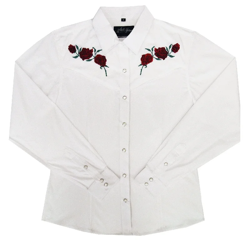 Women's Embroidered Western Shirt: White Horse Roses-- Ribbed Striped Patterned