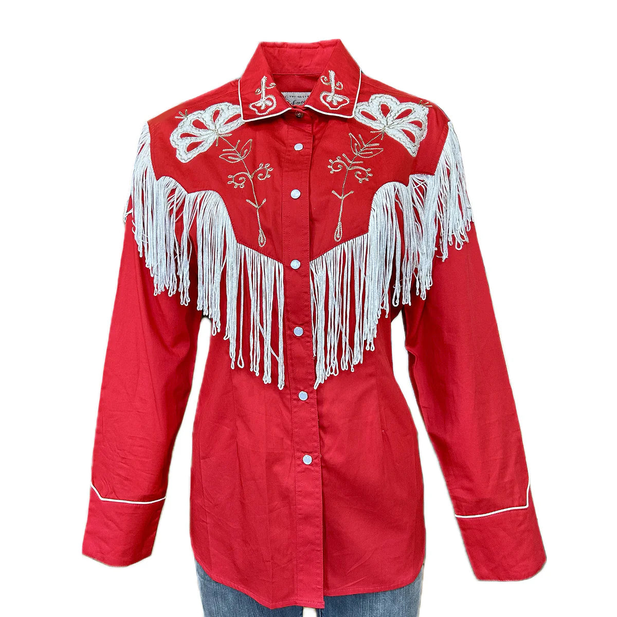 Women's Vintage Western Shirt Collection: Rockmount Fancy Fringe Red-- Nylon Fabric Polyester Fabric Spandex Fabric