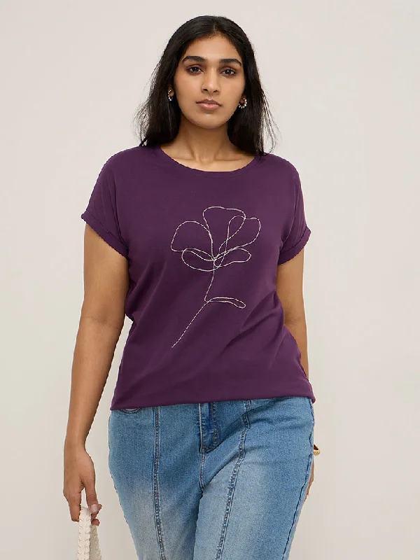Gia Purple Floral Embellished Cotton T-Shirt-- Print Jacquard Patchwork