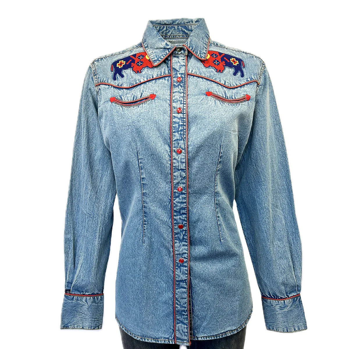 Women's Vintage Western Shirt Collection: Rockmount Fancy Denim Bison-- Striped Floral Plaid