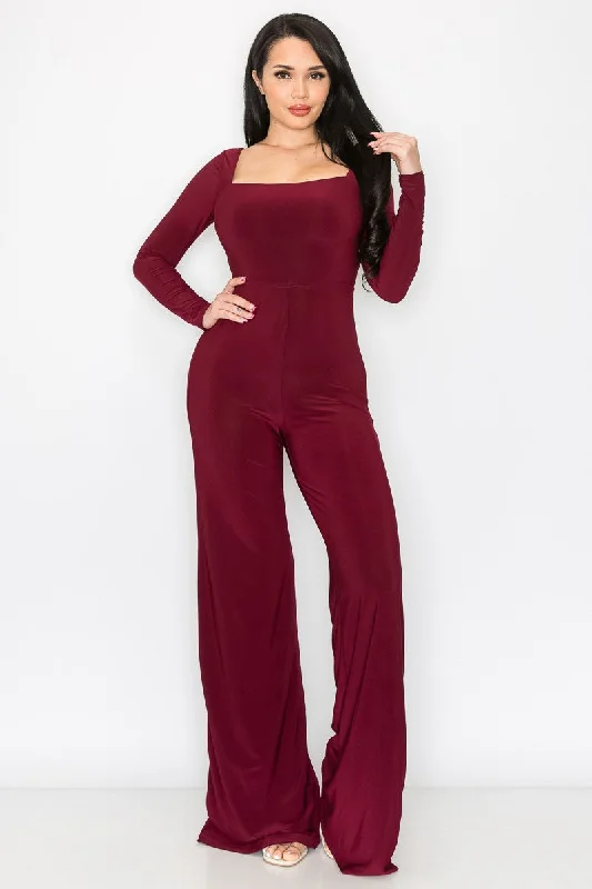 BURGUNDY LONG SLEEVES OPEN BACK STRING JUMPSUIT SP9631J Palazzo jumpsuit, Flowy design, Comfortable, Stylish