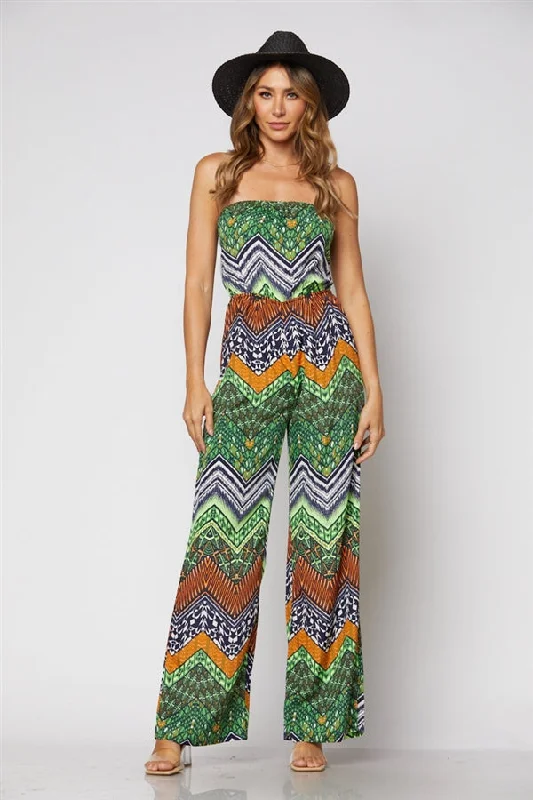 ORANGE GREEN CHEVRON PRINT W/ YELLOW COLOR ACCENT JUMPSUIT-JP1928 Off-shoulder jumpsuit, Elegant, Cocktail party, Fashionable