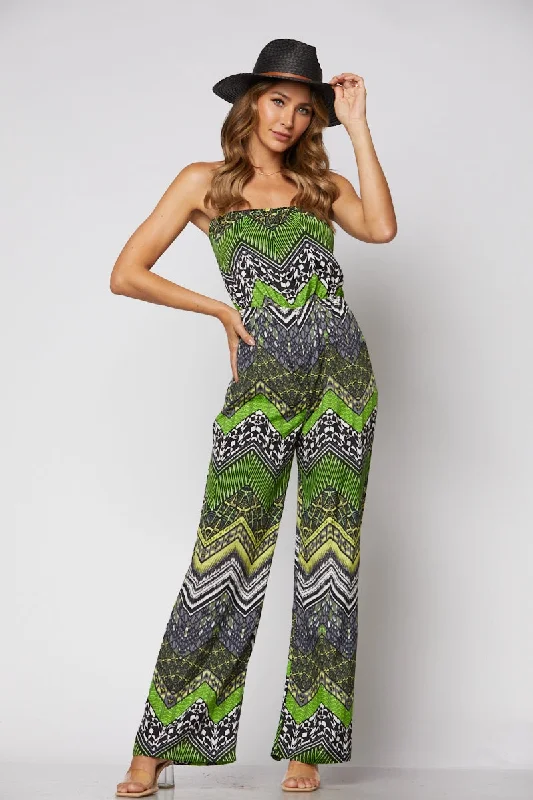 LIME GREEN CHEVRON PRINT W/ YELLOW COLOR ACCENT JUMPSUIT-JP1928 V-neck jumpsuit, Sexy, Comfortable, Stylish