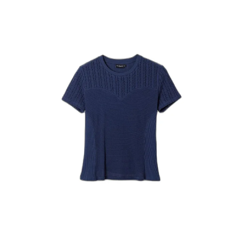 Blue Cotton Tops & T-shirt-- Houndstooth Herringbone Solid