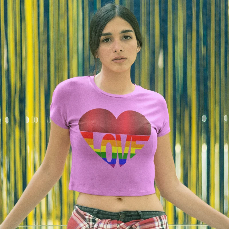 65 MCMLXV Cropped LGBT Rainbow Flag Love Heart Graphic T-Shirt-- Zippered Front Buttoned Front Snap Front