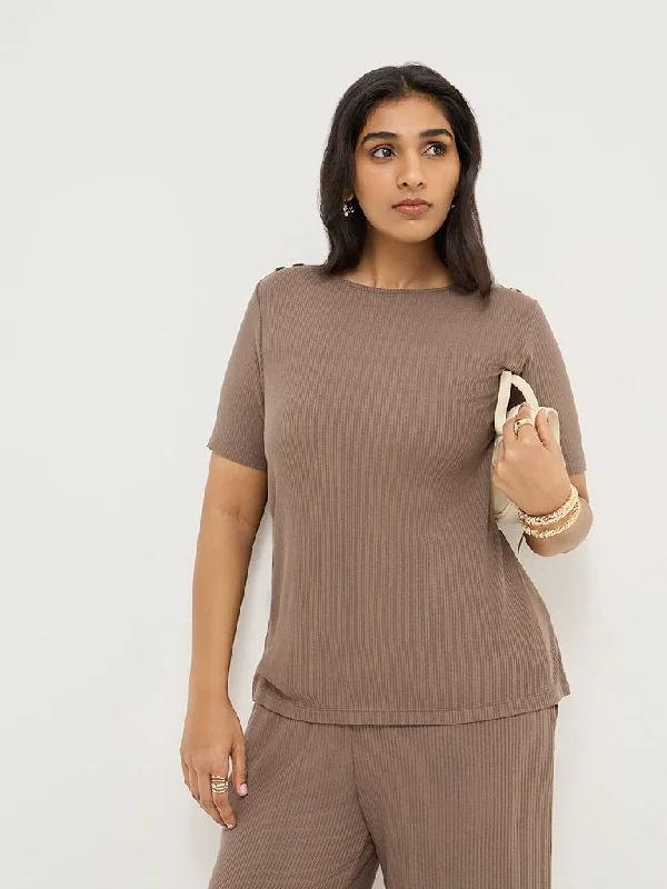 Gia Dark Brown Ribbed-Textured T-Shirt-- Sequined Glittery Shiny