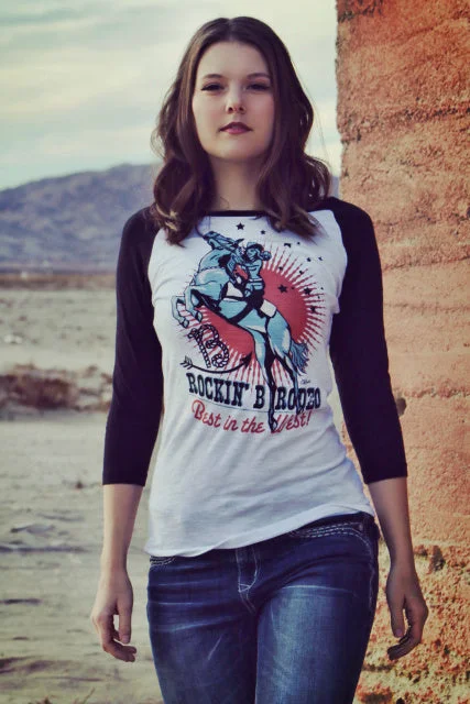 Original Cowgirl Clothing T-Shirts: Rockin' B Ranch Vintage Rodeo Girl Baseball Tee-- Striped Floral Plaid