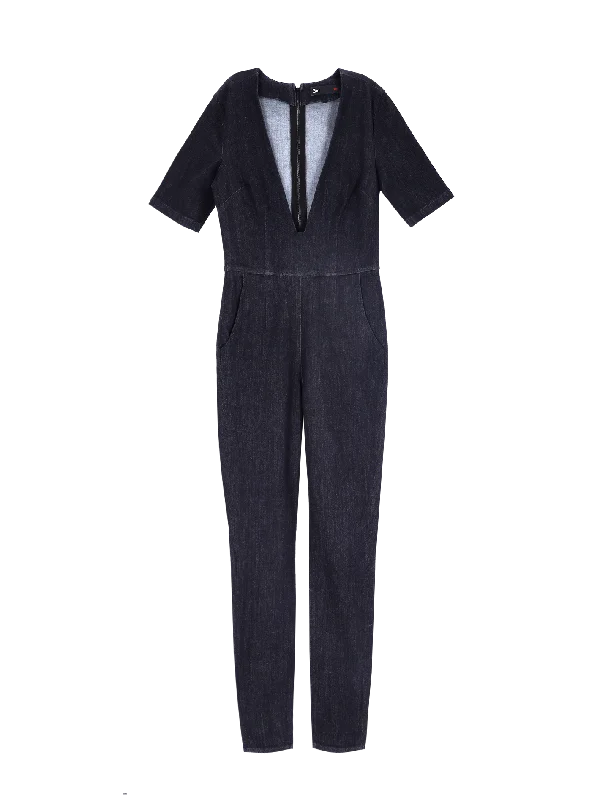 plunge-neck denim jumpsuit Crossover jumpsuit, Elegant, Chic, Comfortable