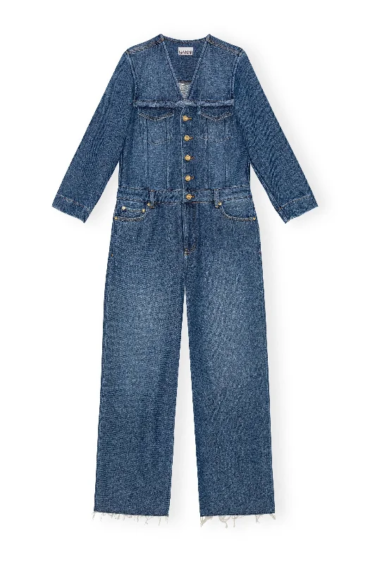 Heavy Denim Jumpsuit / Mid Blue Stone Ruffle hem jumpsuit, Feminine, Trendy, Casual