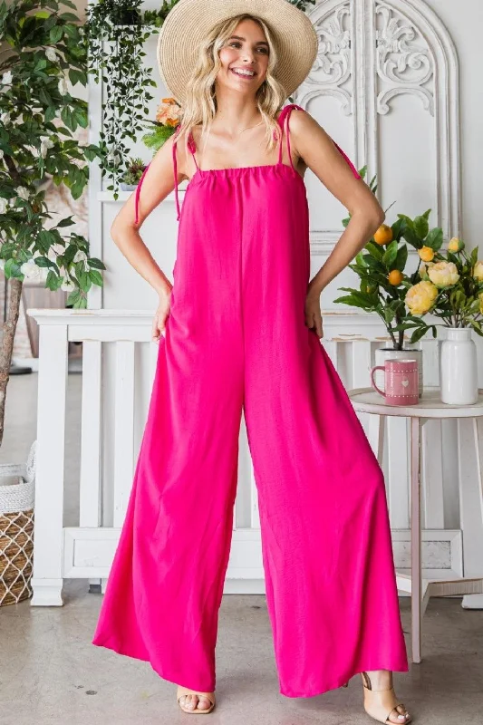 Veveret Pocketed Spaghetti Strap Wide Leg Jumpsuit Pleated wide leg jumpsuit, Feminine, Elegant, Chic