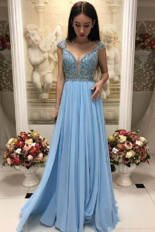 Elegant A-Line Beaded Sky Blue Prom Dresses With Cap Sleeves DMO96 Tunics Chic elegant