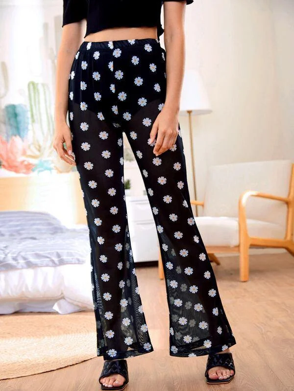 Allover Daisy Floral Flare Leg Mesh Pants Classic Straight Pants