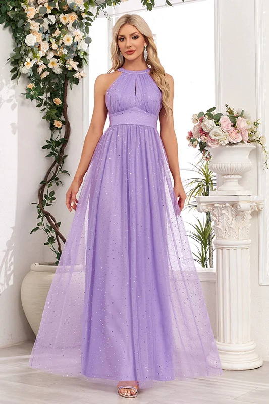 Sparkly Purple A Line Halter Long Prom Dress Tunics Spring floral