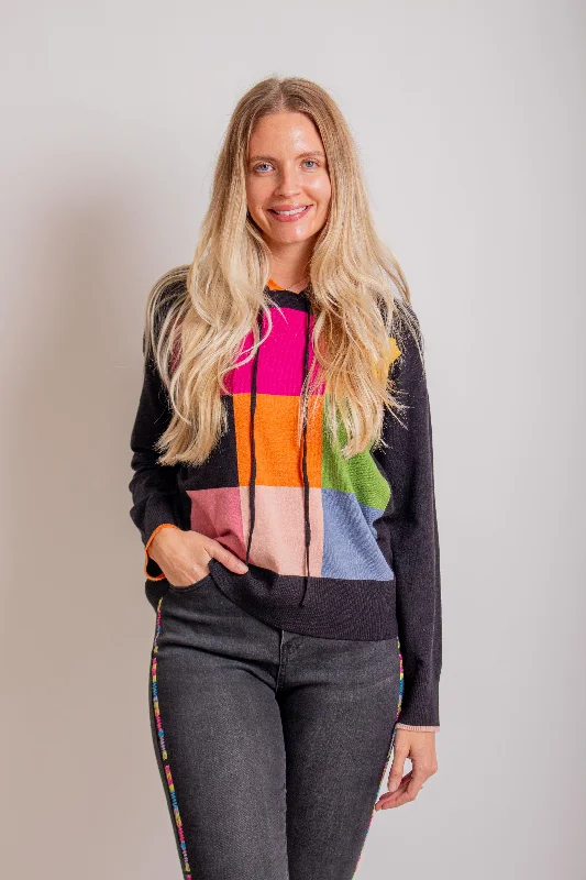 Black Color Block Hoodie Hoodie with Hem Applique Textured Unique