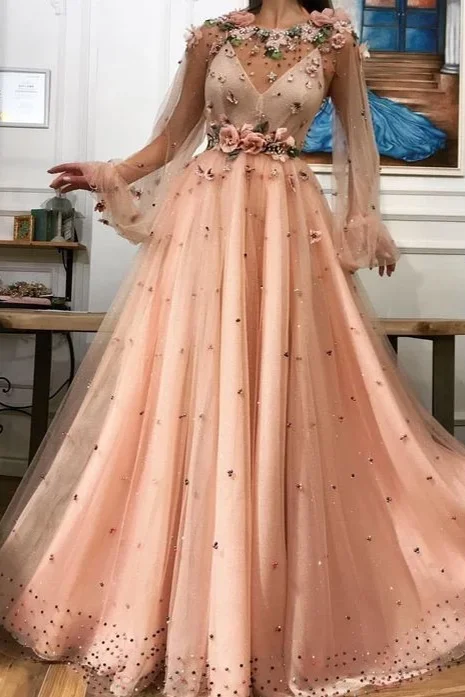 A line Long Sleeves Prom Dresses 3D Flowers Prom Dress Formal Evening Dress DMR44 Tunics Recommended stylist