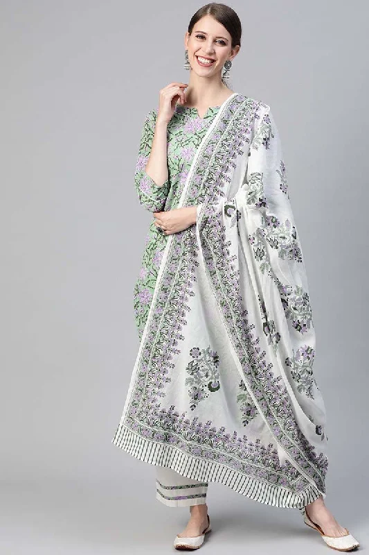 Cotton Green Ethnic Motifs Printed Straight Kurta Pant Dupatta Set