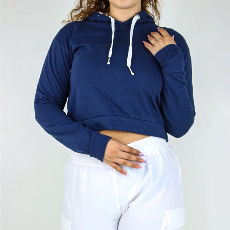 Women's Plain Crop Hoodie,Navy Hoodie with Side Slits Relaxed Casual