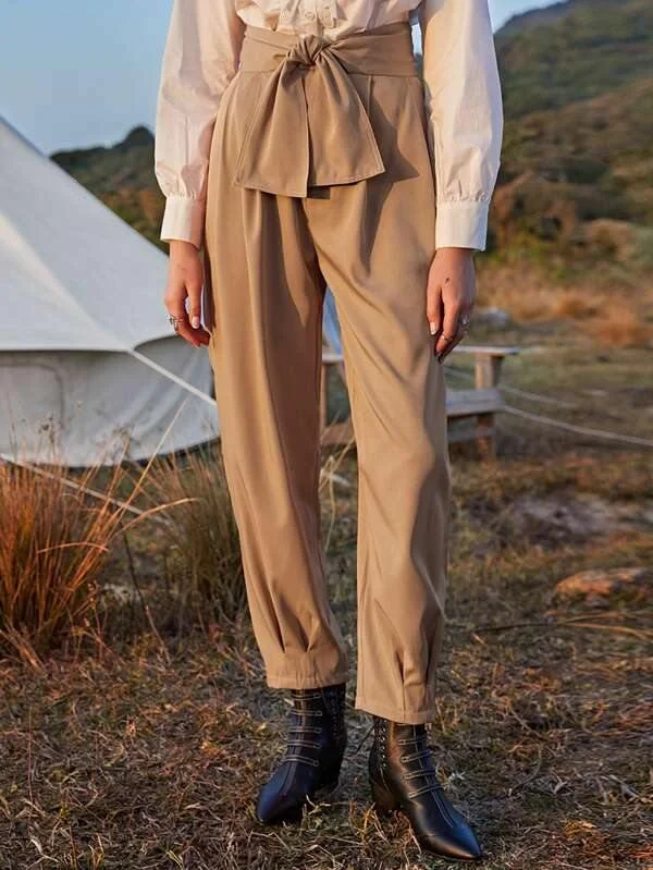 Tie Front Wide Waistband Pants Elegant Wool Trousers