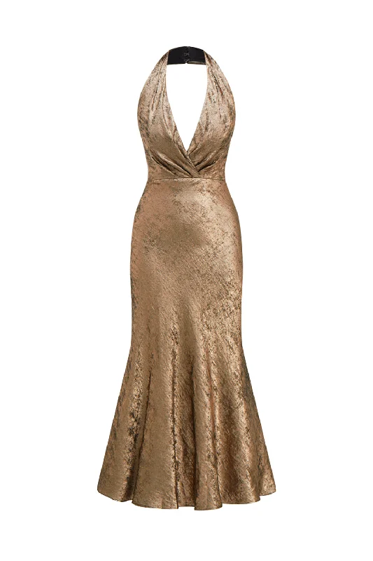 Golden Halter Neck Mermaid Satin Midi Cocktail Dress Tunics Fall fleece