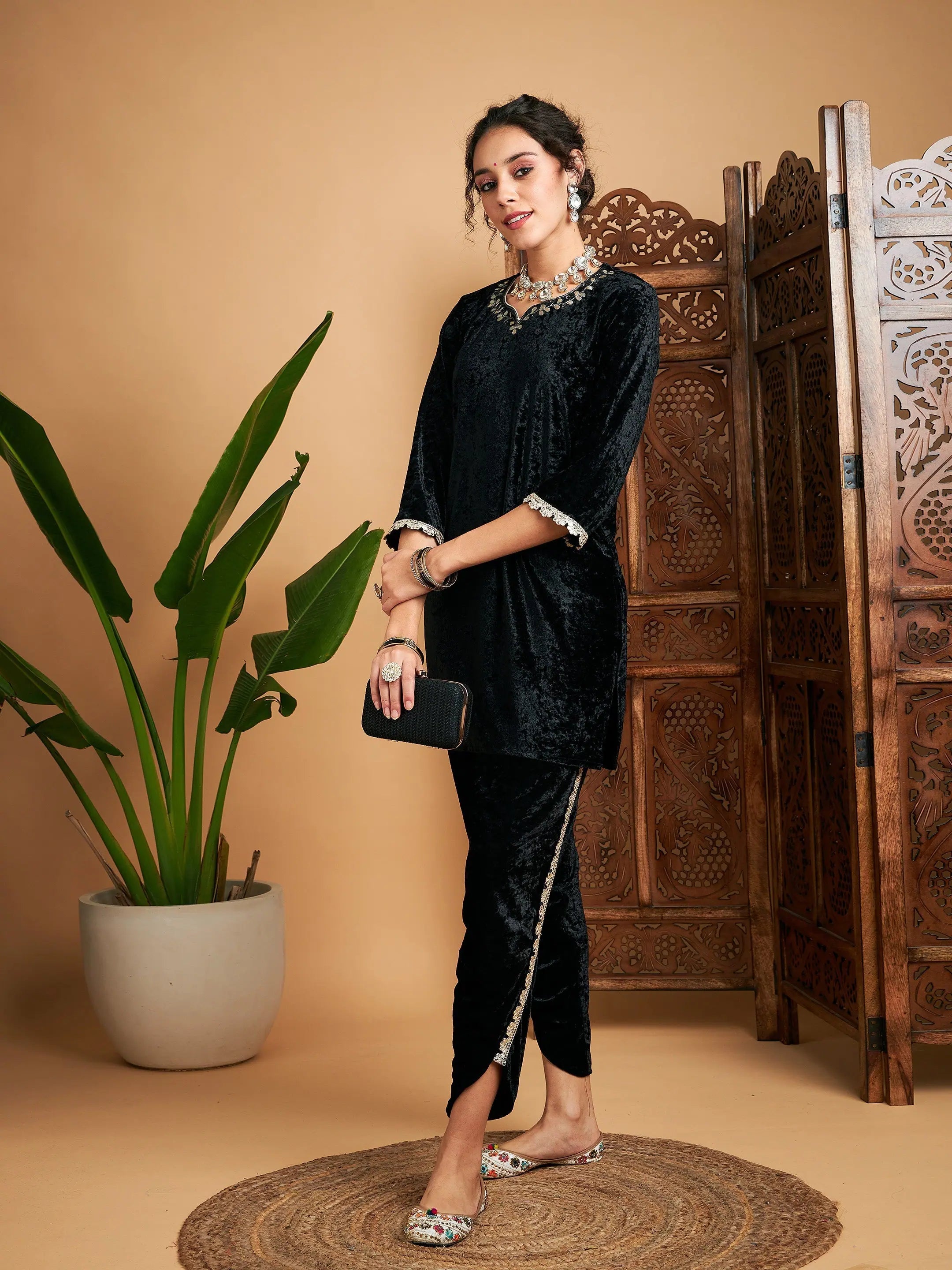 Women Black Velvet Gota Patti Embroidered Short Kurta With Dhoti Pants Formal Wide-Leg Pants
