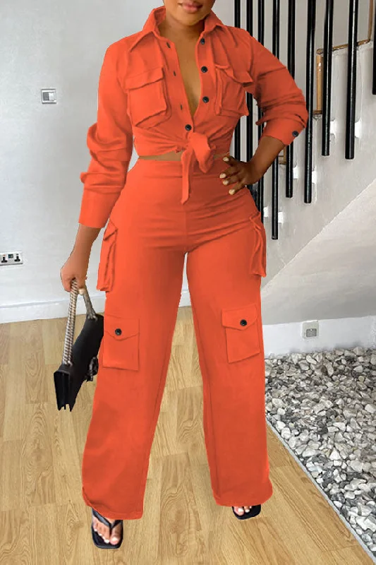 storexq Solid Color Lace-Up Classic Patch Pocket Pant Suit Classic Straight-Leg Pants