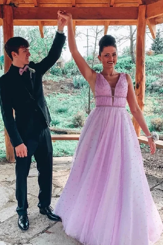 A-line V Neck Sexy Long Lilac Prom Dresses Tulle Formal Dress DMS20 Tunics Velvet soft