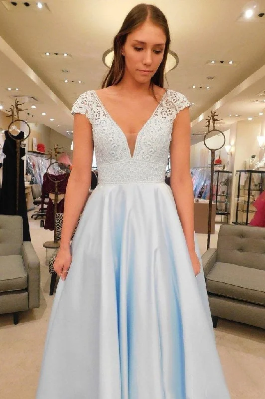 Simple V-Neck A Line Lace Cap Sleeves Sky Blue Prom Dresses for Junior DMS79 Tunics Chic fashionable