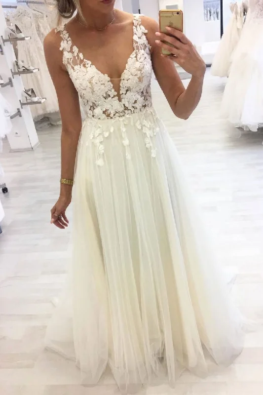Unique V Neck Lace Applique Long Prom Dress A Line Tulle Formal Dresses DMQ37 Tunics Polka dots