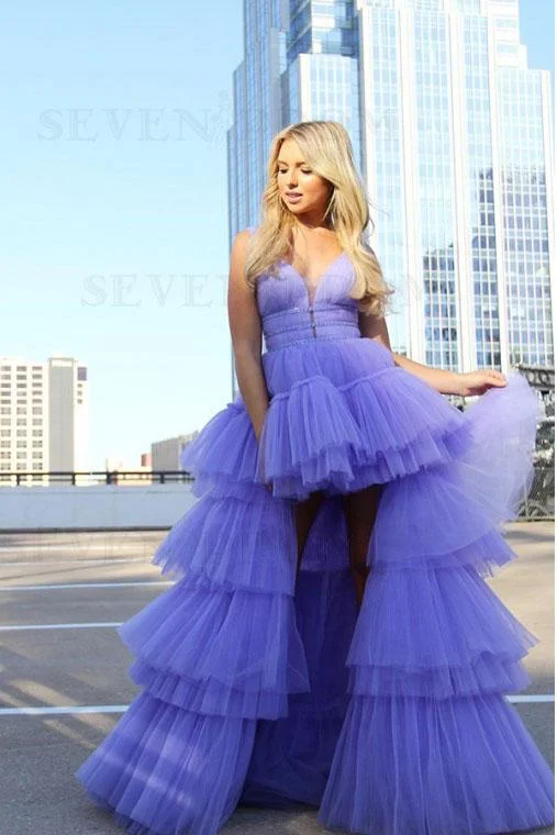 Lavender High Low Layers Tulle A Line Prom Dress with Beading DMS77 Tunics Custom made
