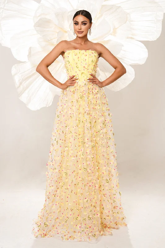 Yellow Floral Strapless Corset Long Prom Dress Boatneck Modish Everyday