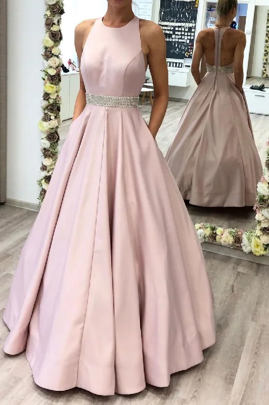 A Line Pink Beading Satin Long Prom Dress With Pockets DMS61 Tunics Trousers formal