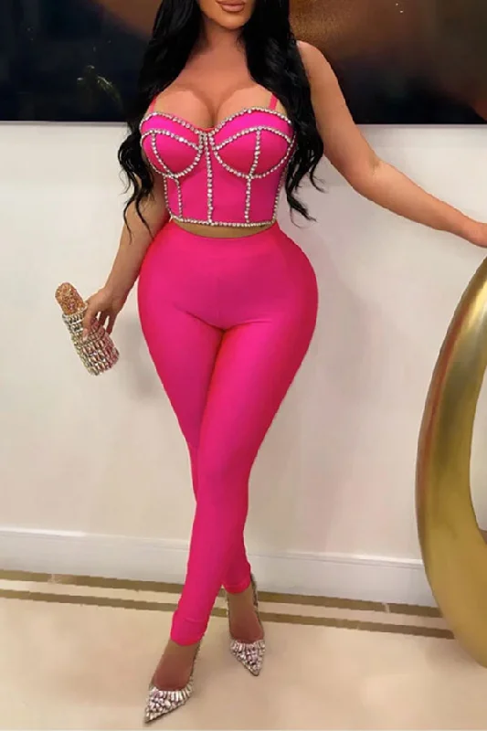 storexq Rhinestone Patchwork Party Bodycon Pant Suit Trendy High-Waist Trousers
