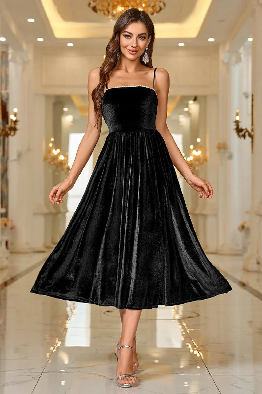 Black Velvet A Line Spaghetti Straps Tea Length Prom Dress Turtleneck Warm Winter
