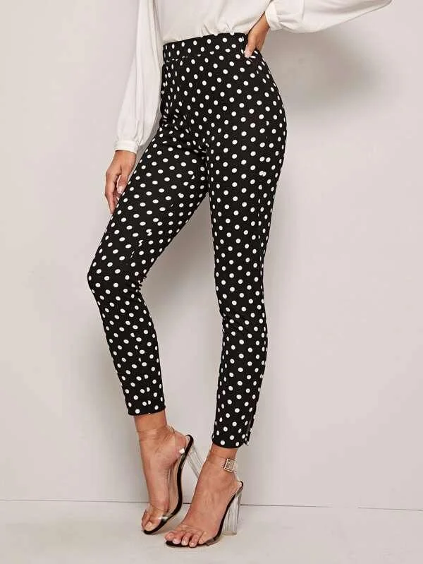 Polka Dot Split Hem Skinny Pants Comfortable Denim Leggings
