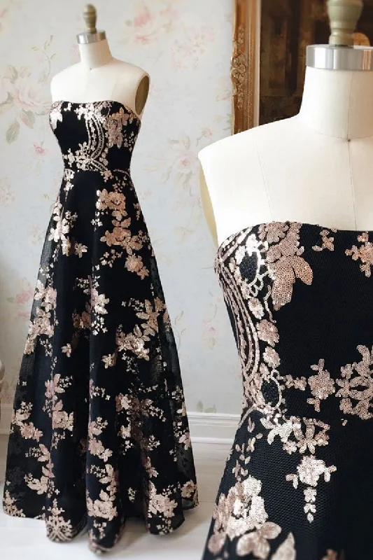 A Line Strapless Black Sequin Long Prom Dress Charming Evening Dress DMQ48 Tunics Business professional