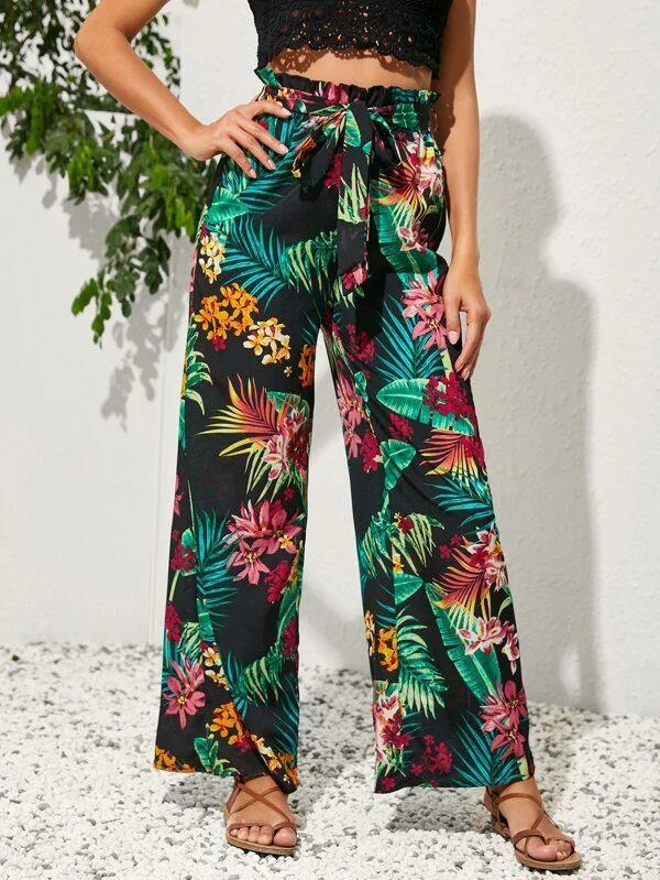 Paperbag Waist Belted Tropical Print Pants Comfortable Fleece Pants